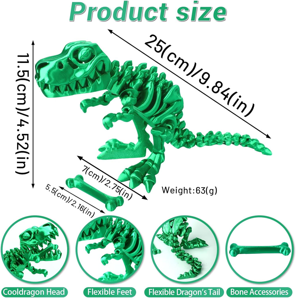 3D Printed Dinosaur Bone Skeleton Tyrannosaurus Rex with Movable Jaw Fidget Dinosaur Toys Full Articulated Dinosaur Executive Desk Toys Home Office Decor, Green-2