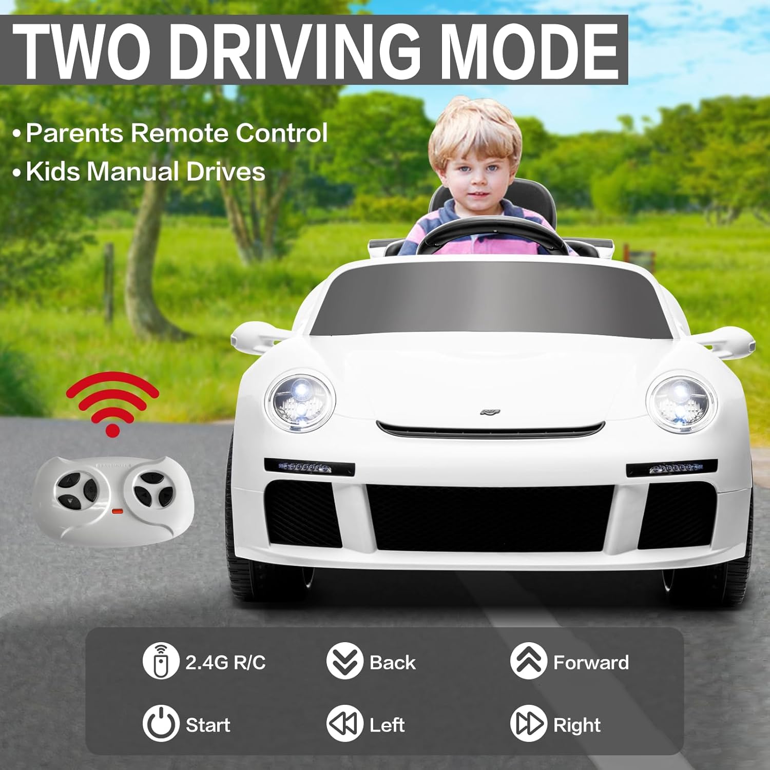Licensed RUF CTR3 12V Kids Electric Car with Parent Remote Control, 2 Motors, 3 Speeds, LED Lights, MP3 Player | Battery Powered Ride-On Toy for Kids to Drive - White