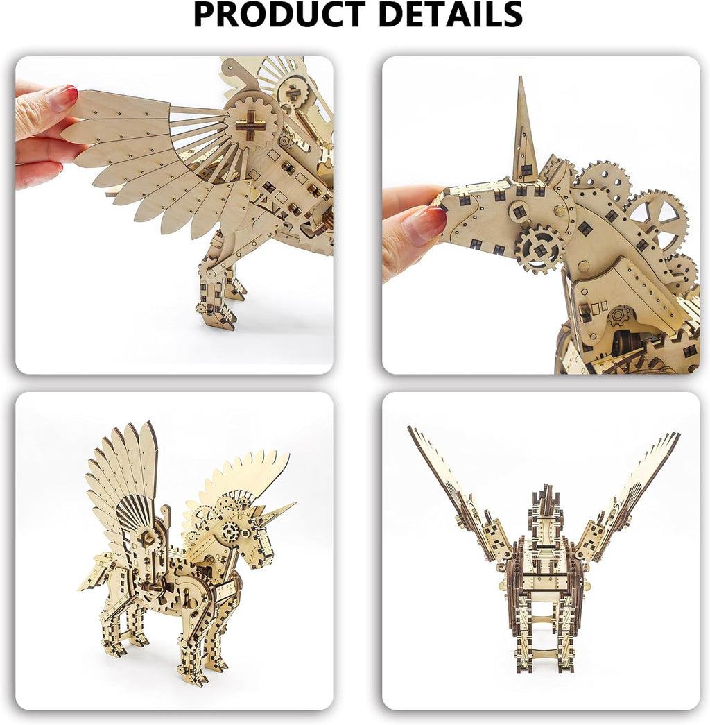 3D Wooden Unicorn Mechanical Horse Puzzle - DIY Brain Teaser Game - Educational Toy Kit - Eco-Friendly Construction - Perfect Desk Display Gift for Kids