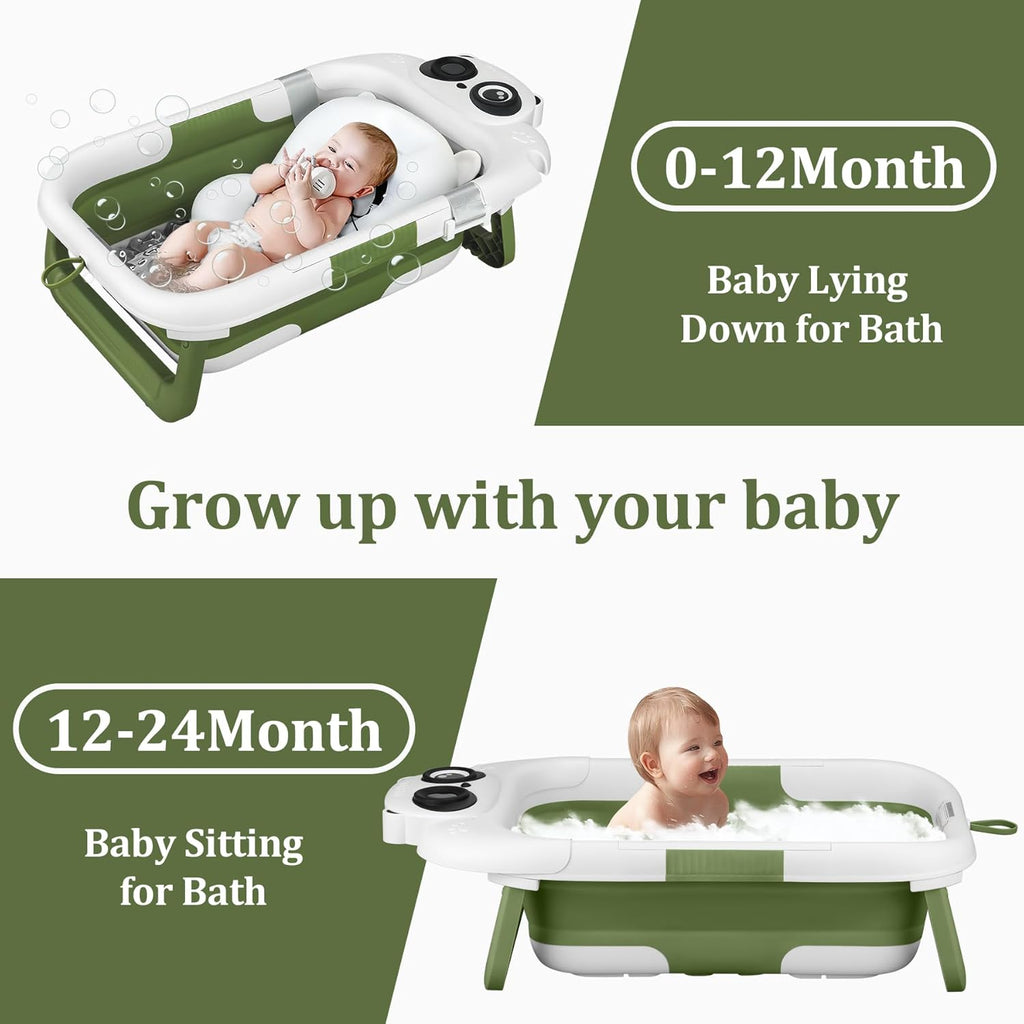 Foldable Baby Bathtub, Lightweight Bathtub for Infants to Toddlers with Soft Cushion & Thermometer, Portable Baby Tub Newborn to Toddler 0-36 Months(Green)