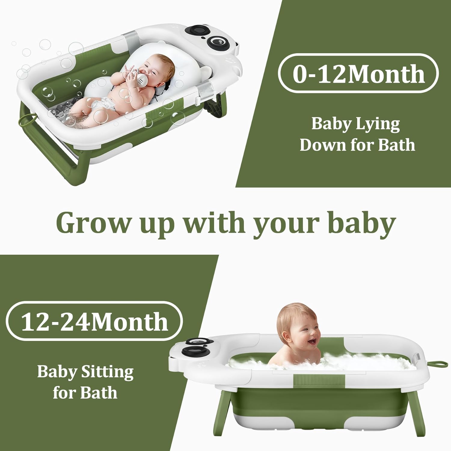 Foldable Baby Bathtub, Lightweight Bathtub for Infants to Toddlers with Soft Cushion & Thermometer, Portable Baby Tub Newborn to Toddler 0-36 Months(Green)