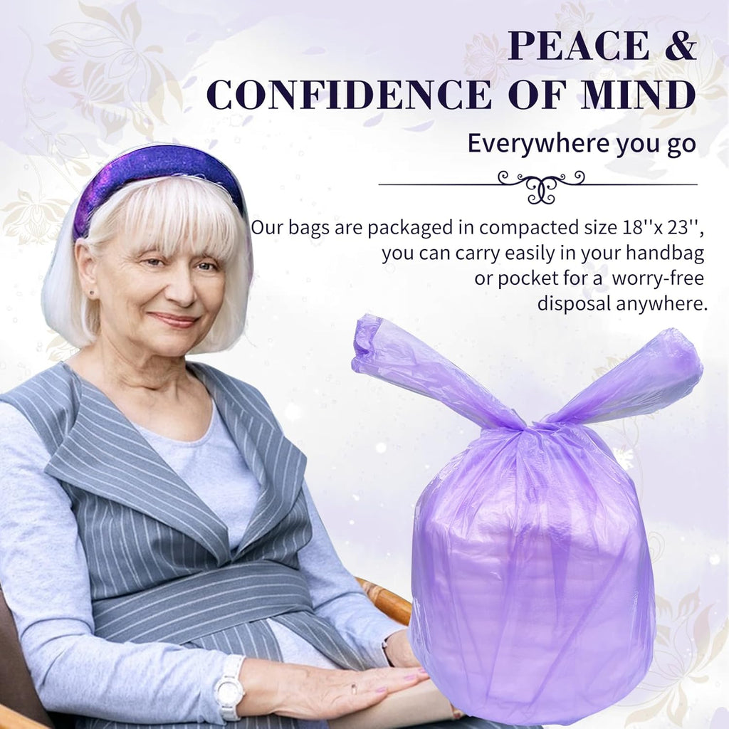 Large Adult Diaper Disposal Bags (18’’x23’’),96 Pcs, Scented, Elderly Waste Disposal, Baby Diapers Disposal Trash Bags, Sanitary Product Disposal at Home and Travel, Purple