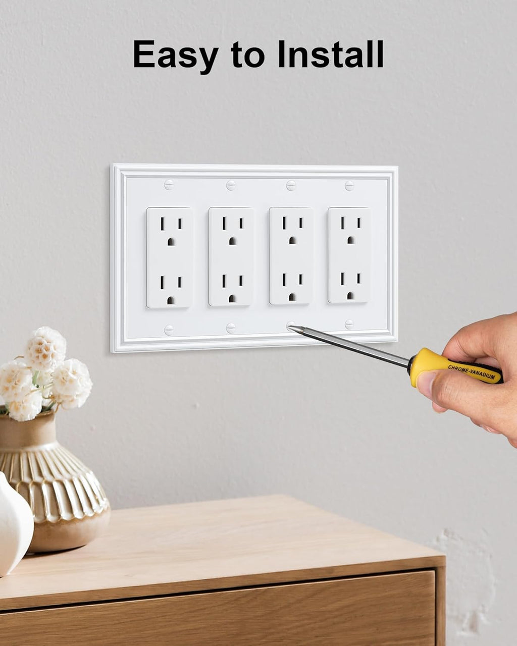 2-Pack Quad Decorator Outlet Cover Plate, Zinc Alloy Decorative Pure White Switch Plates and Outlet Covers, 4 Gang Wall Plates for Electrical Outlets, Receptacle, GFCI Outlet, Dimmer Switch