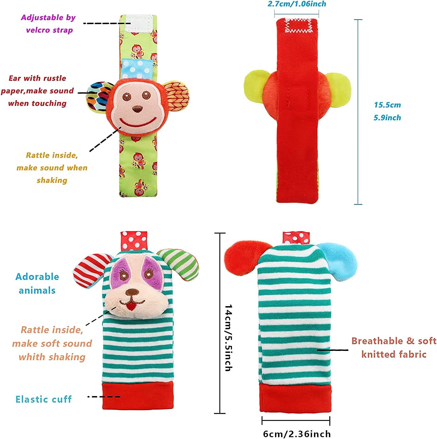 Wrist Rattles Foot Finder Rattle Sock Baby Toy, Rattle Toy, Arm Hand Bracelet Rattle, Feet Leg Ankle Socks, Activity Rattle Present Gift for Newborn Infant Babies Boy Girl Bebe (5 pcs-I)