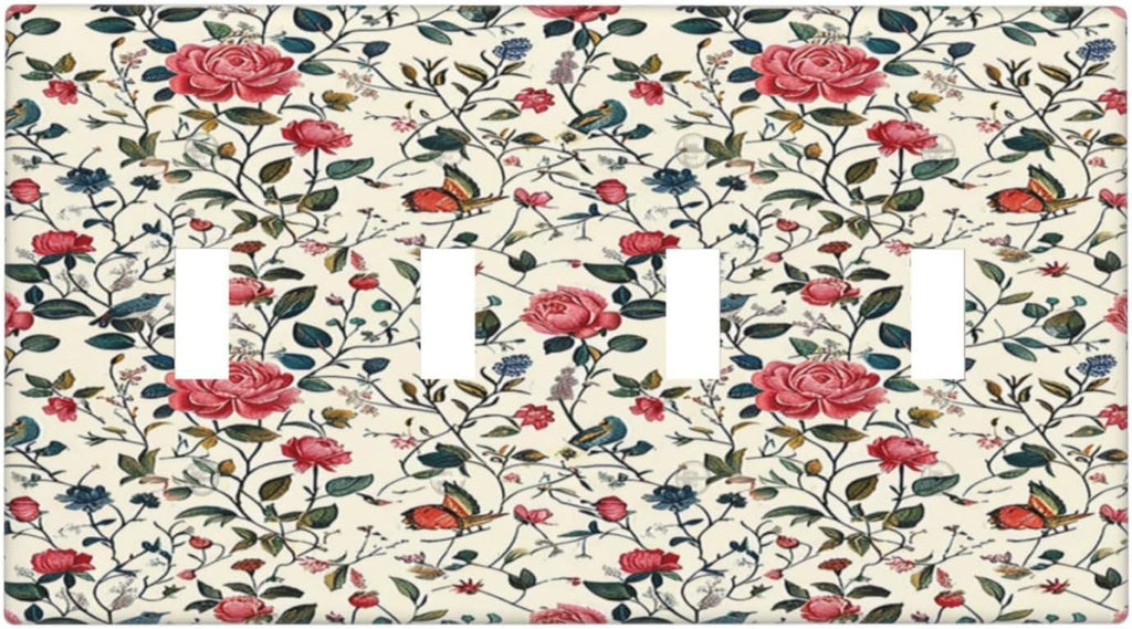 Light Switch Covers Vintage Flowers Rose Leaf Bird Butterfly Quad Toggle Electrical Faceplate 4 Gang Wall Plate Decorative Switch Plates for Bedroom living Room Decor