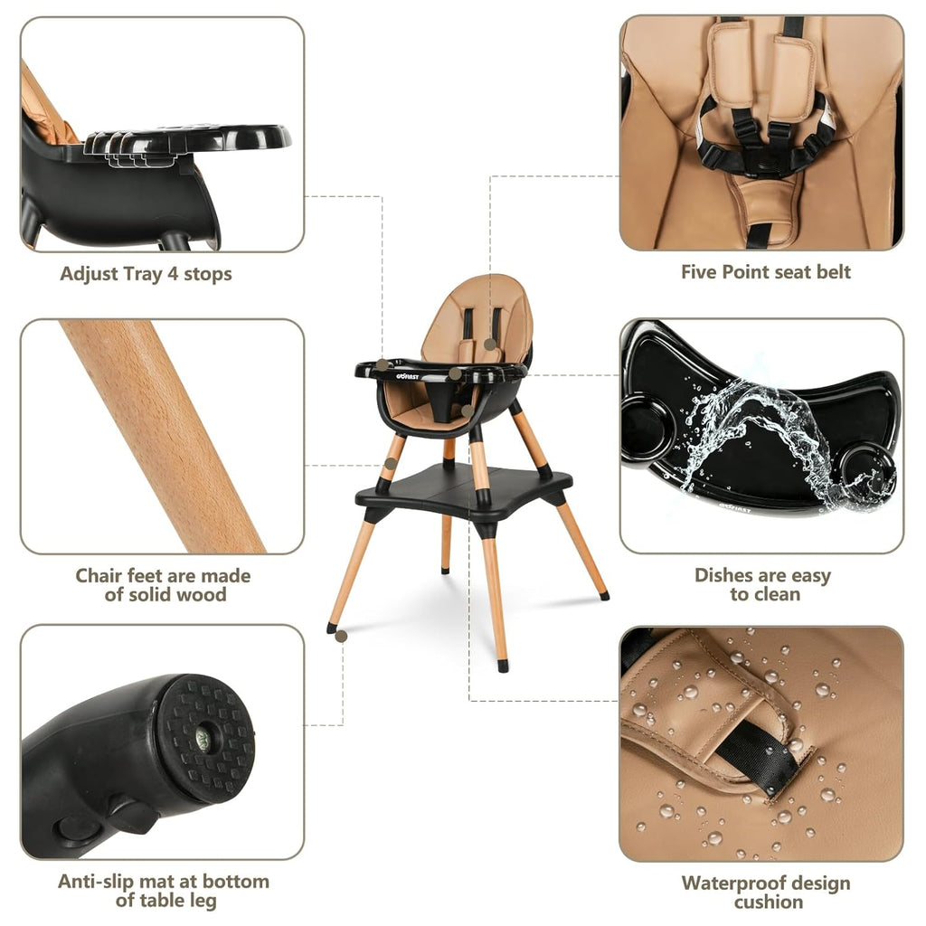 Gofirst 6 in 1 Convertible Wooden High Chair for Babies and Toddlers - Infant Dining Booster Seat With Building Block Table and 4-Position Removable Feeding Chair