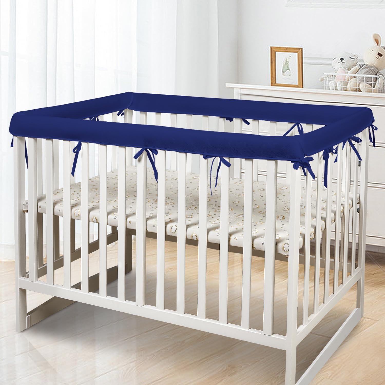 3 in 1 Crib Mesh Liner for Life Size Cribs,White Soft Anti-Collision Strip Corner Covers,Protect Baby Teeth and Save Crib Rails, Rail Edge Protector Strip (Blue)