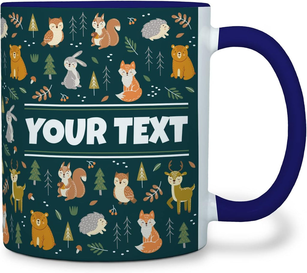 Personalized Mug for Kids - Woodland Animals - Custom Name/Text, Ceramic Hot Chocolate/Coffee Cup for Boys/Girls, Birthday/Christmas/Holiday Gift - 11 oz, Navy Blue Handle