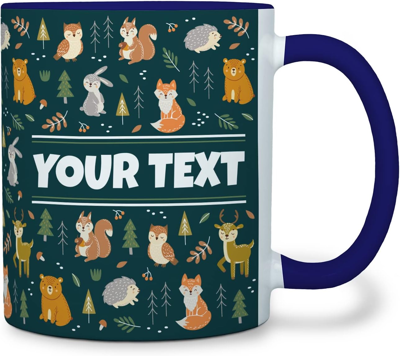 Personalized Mug for Kids - Woodland Animals - Custom Name/Text, Ceramic Hot Chocolate/Coffee Cup for Boys/Girls, Birthday/Christmas/Holiday Gift - 11 oz, Navy Blue Handle