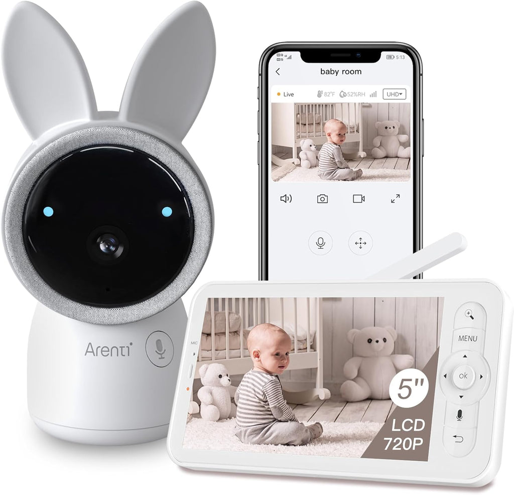 ARENTI Baby Monitor, 2K Video Baby Camera with 5-Inch Upgraded Wireless Display, Super Night Vision, Lullabies, Cry & Motion Detection, Temp & Humidity Sensor, Two Way Audio