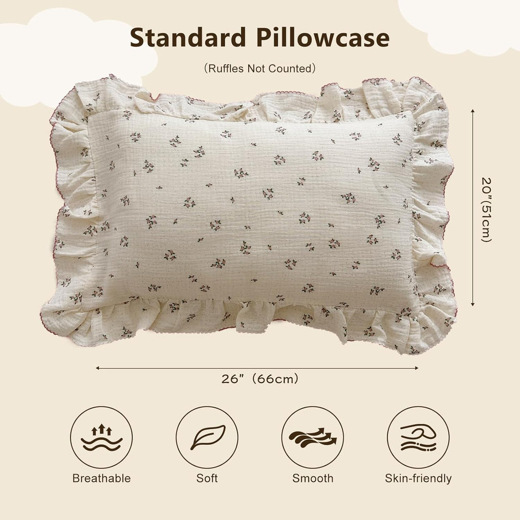 BuLuTu Beige Floral Toddler Pillowcase Muslin with Ruffles,Kids Girls Standard Pillow Cases Fit for Children Pillow Sized 16"x 22"/20"x 26", Envelope Closure, Primrose Pattern,1 Pack