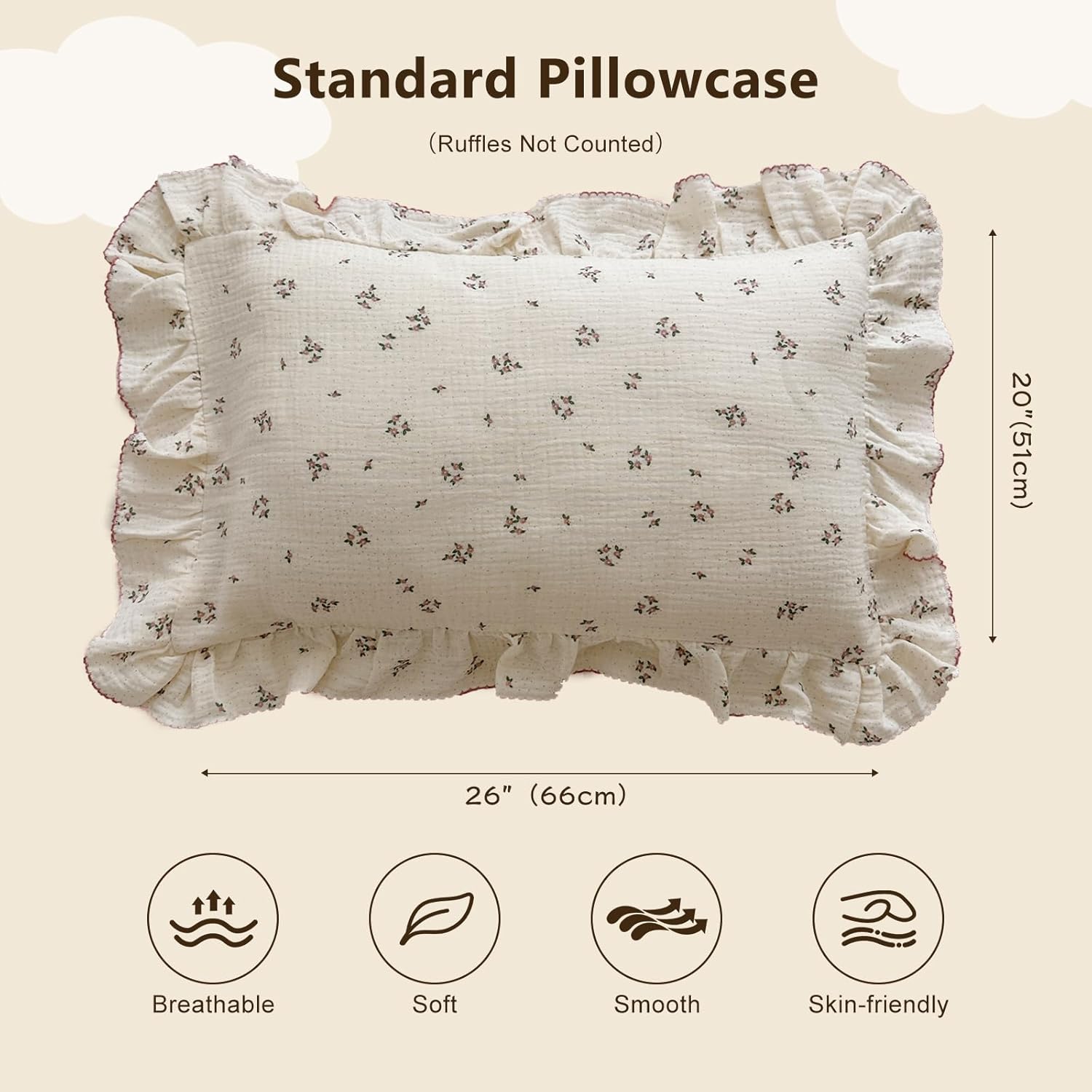 BuLuTu Beige Floral Toddler Pillowcase Muslin with Ruffles,Kids Girls Standard Pillow Cases Fit for Children Pillow Sized 16"x 22"/20"x 26", Envelope Closure, Primrose Pattern,1 Pack