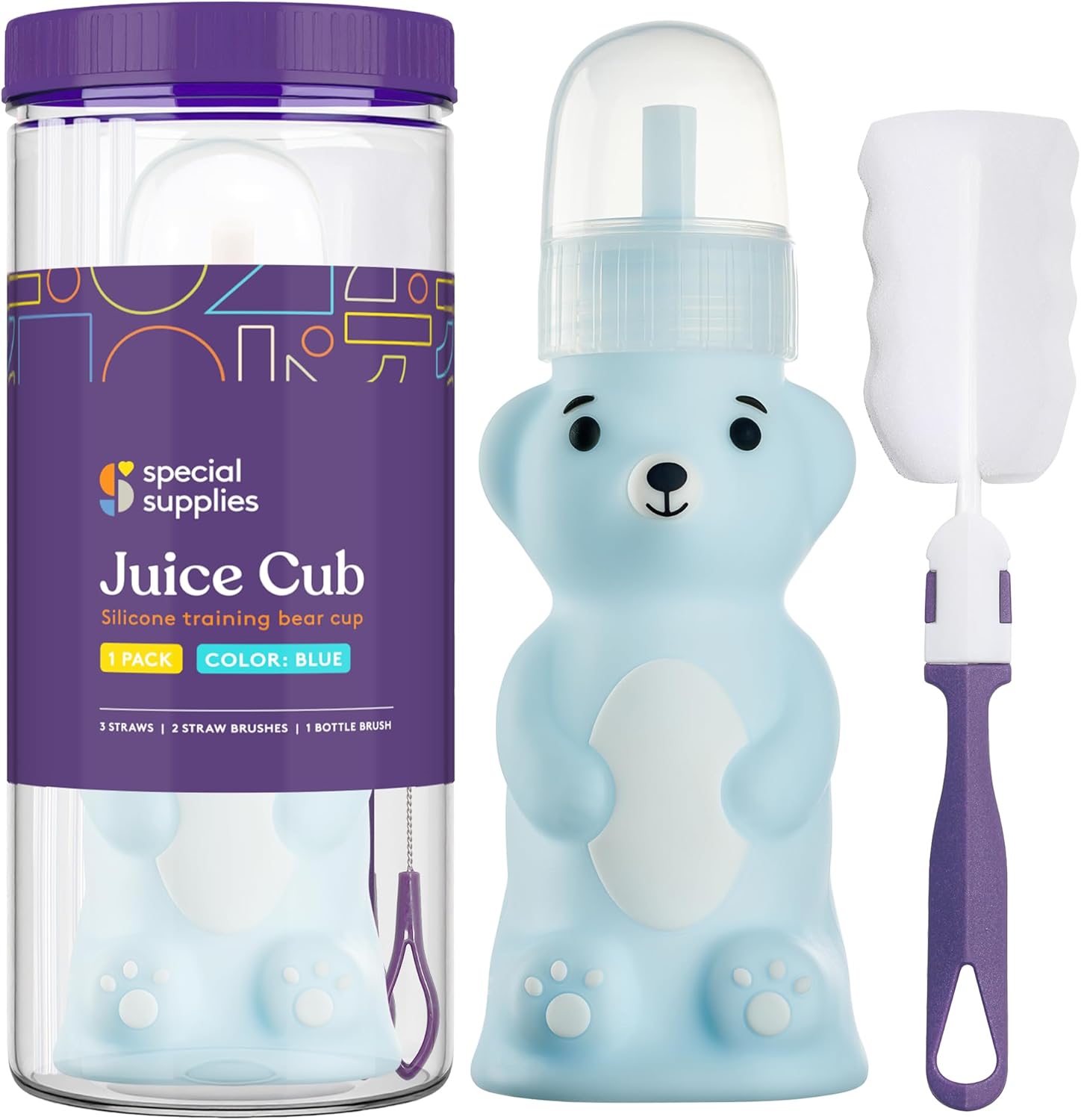 Special Supplies Honey Bear Straw Cup Long Straws, Squeezable Therapy and Special Needs Assistive Drink Container, Spill Proof and Leak Resistant Lid (Pack of 1 Bottle and 3 Straws) (Blue)