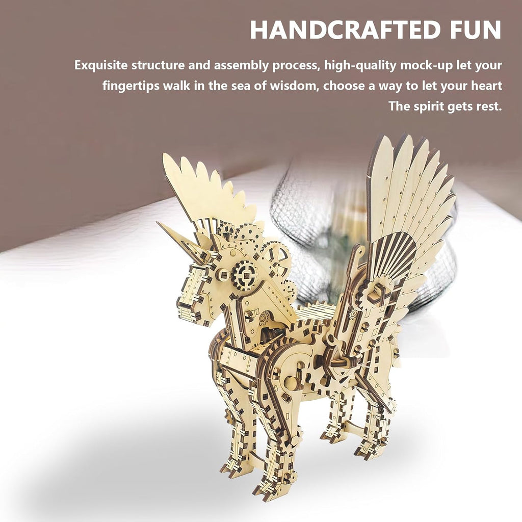 3D Wooden Unicorn Mechanical Horse Puzzle - DIY Brain Teaser Game - Educational Toy Kit - Eco-Friendly Construction - Perfect Desk Display Gift for Kids