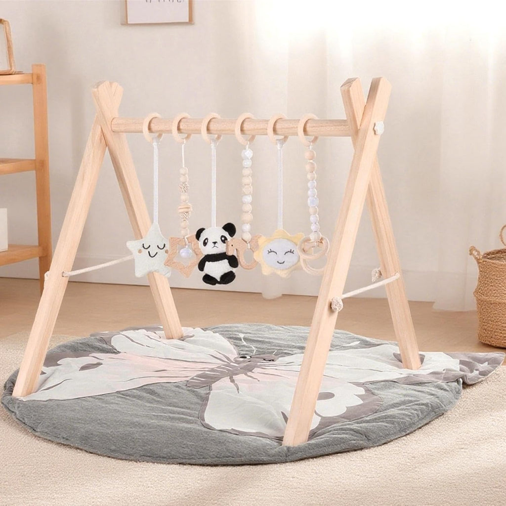 Wooden Play Gym with Mat, Foldable Baby Activity Gyms for Infants Newborn Baby Girl and Boy, Tummy Time Baby Infant Toys 0-6 6-12 Months (Gray)