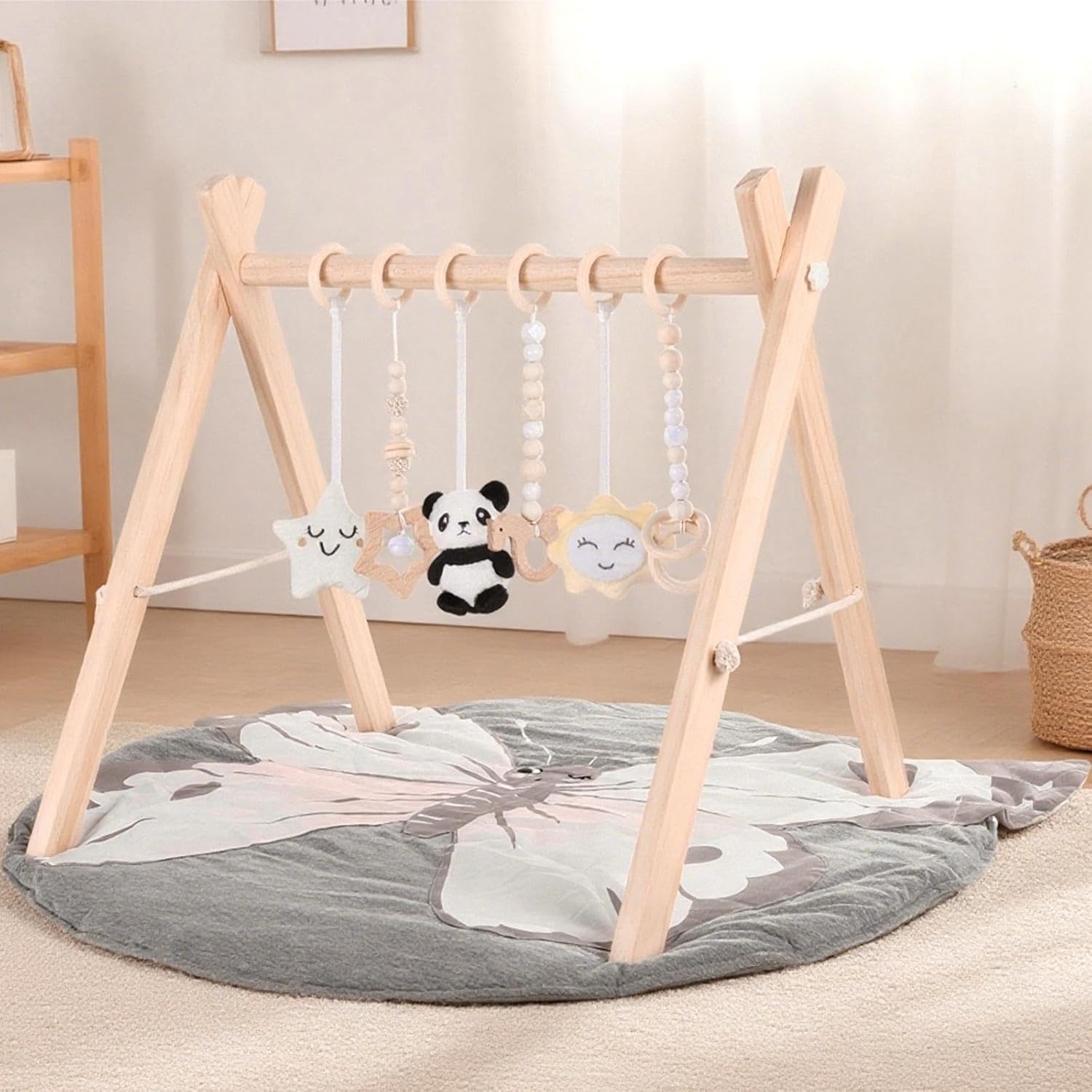 Wooden Play Gym with Mat, Foldable Baby Activity Gyms for Infants Newborn Baby Girl and Boy, Tummy Time Baby Infant Toys 0-6 6-12 Months (Gray)
