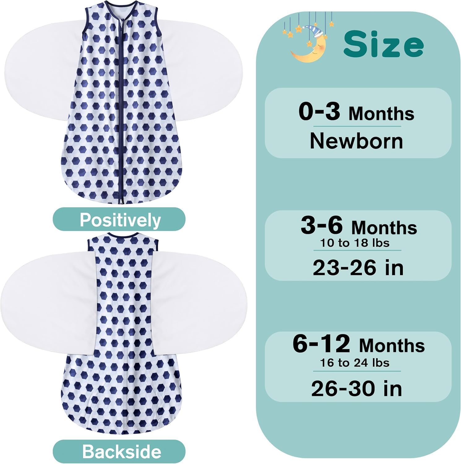 Newborn Sleep Sack Baby Swaddle,3-Way Adjustable Wearable Blanket,100% Rayon Cotton Swaddling Sleeping Bag，TOG 0.5 (Soccer & Triangles, 0-3 Months)