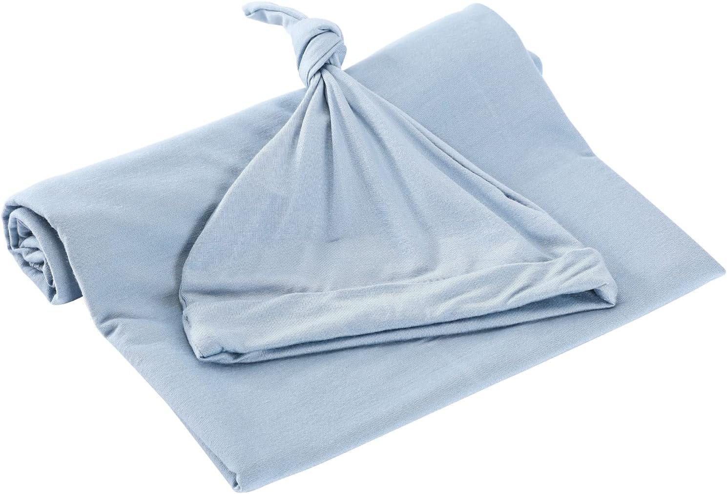 iEvolve Cotton Knitted Baby Swaddle Blanket with Hat Headband Set Newborn Swaddle Wrap Receiving Blankets for Baby Girl Boy 35" x 35"(Lightblue)