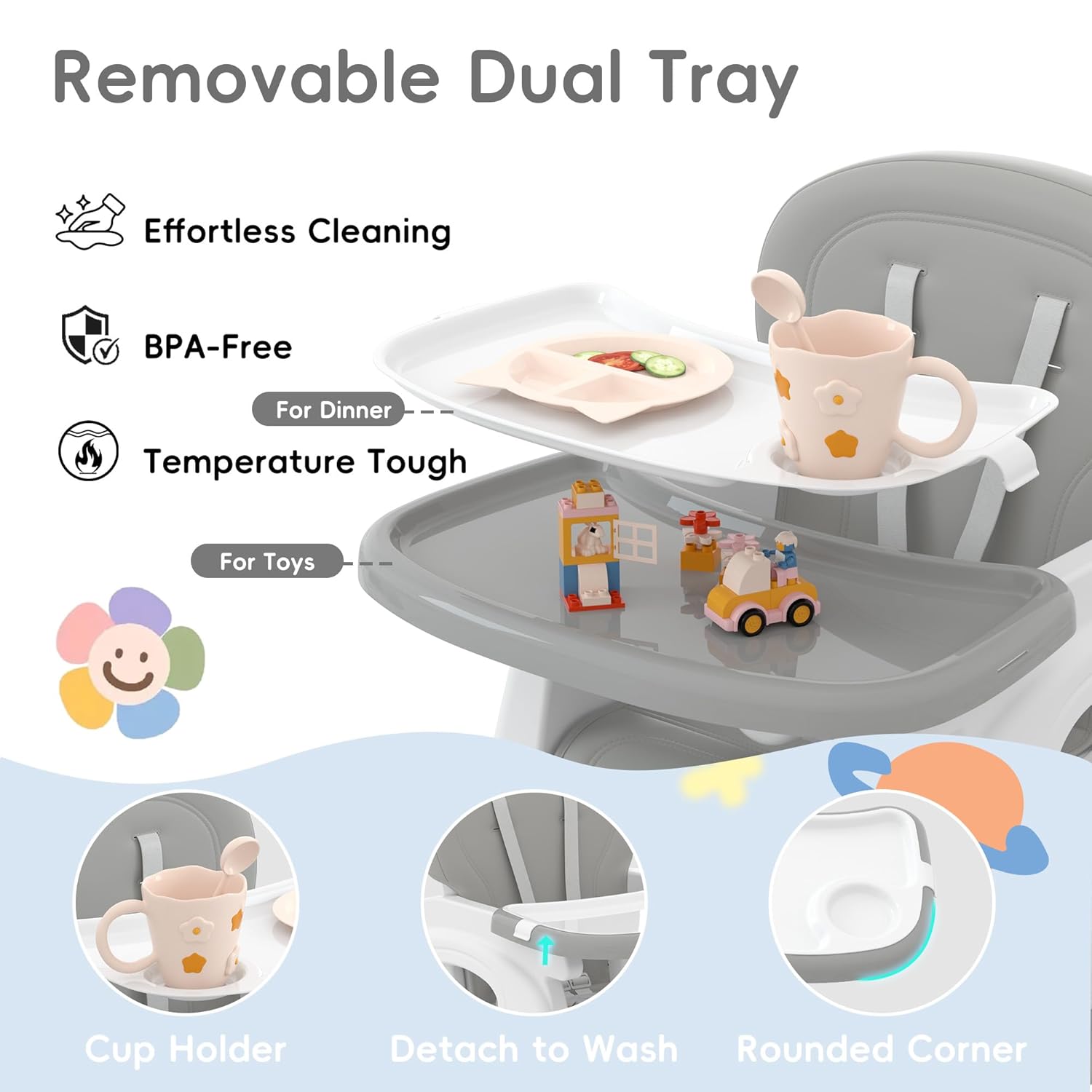 Xilingol 8 in 1 Convertible Baby High Chair W/Wheels, Baby Feeding Chair W/Adjustable Backrest & Removable Dual Tray, Building Block Table & Chair Set, HighChair for Babies & Toddlers (Grey)