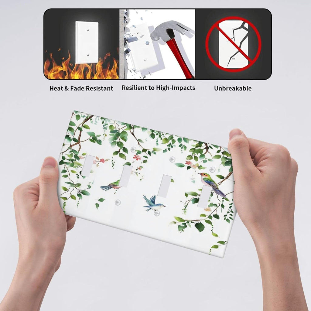 Light Switch Covers Green Leaves Bird Eucalyptus Sage Plant Quad Toggle Electrical Faceplate 4 Gang Wall Plate Decorative Switch Plates For Bed Room Living Room Decor