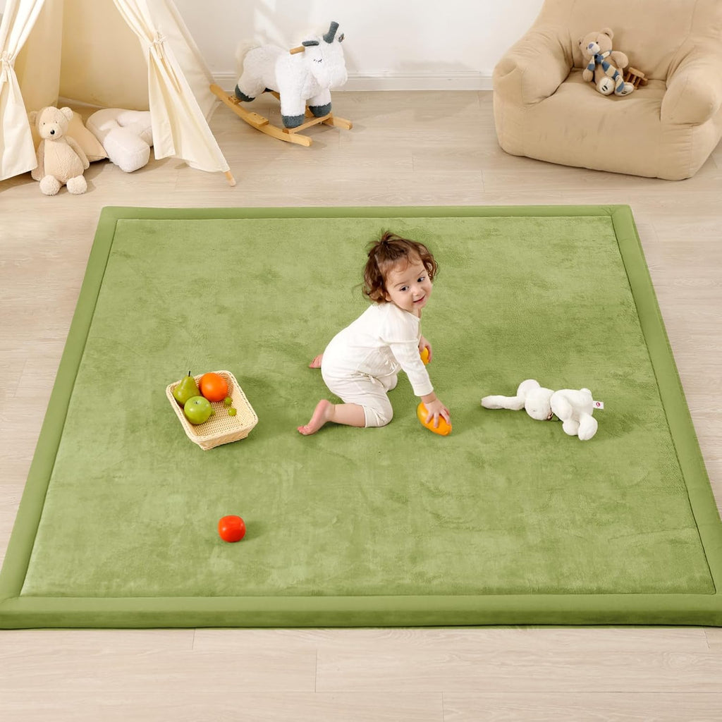 Ultra Soft Baby Play Mat,1.3" Thick Elasti-Foam Tummy Time Mat for Infants,Toddlers,Kids,Water-Repellent Coral Fleece Nursery Rug,Non-Slip Safe for Crawling&Hardwood Floors(Olive Green)