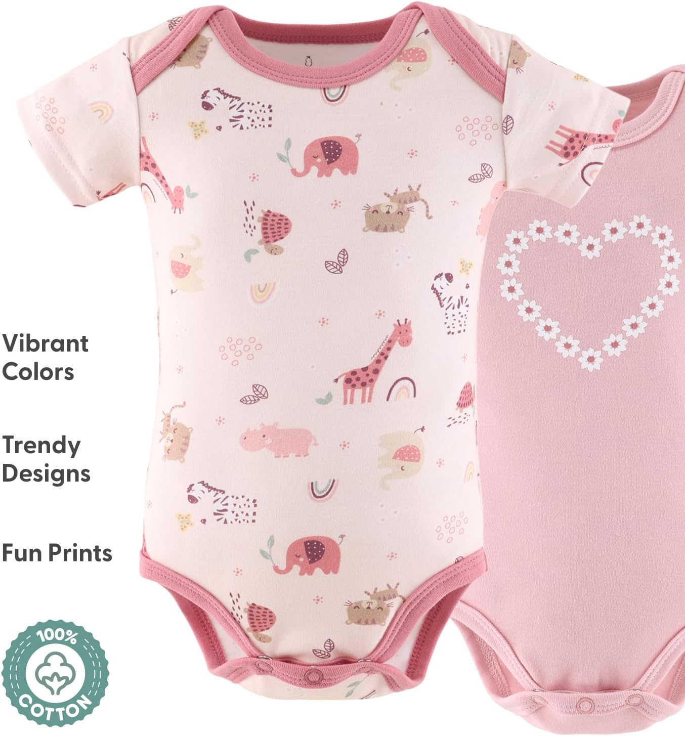 The Peanutshell Baby Girl Short Sleeve Bodysuits - 100% Cotton Infant Outfits, 0-24 Months - Rainbow Safari