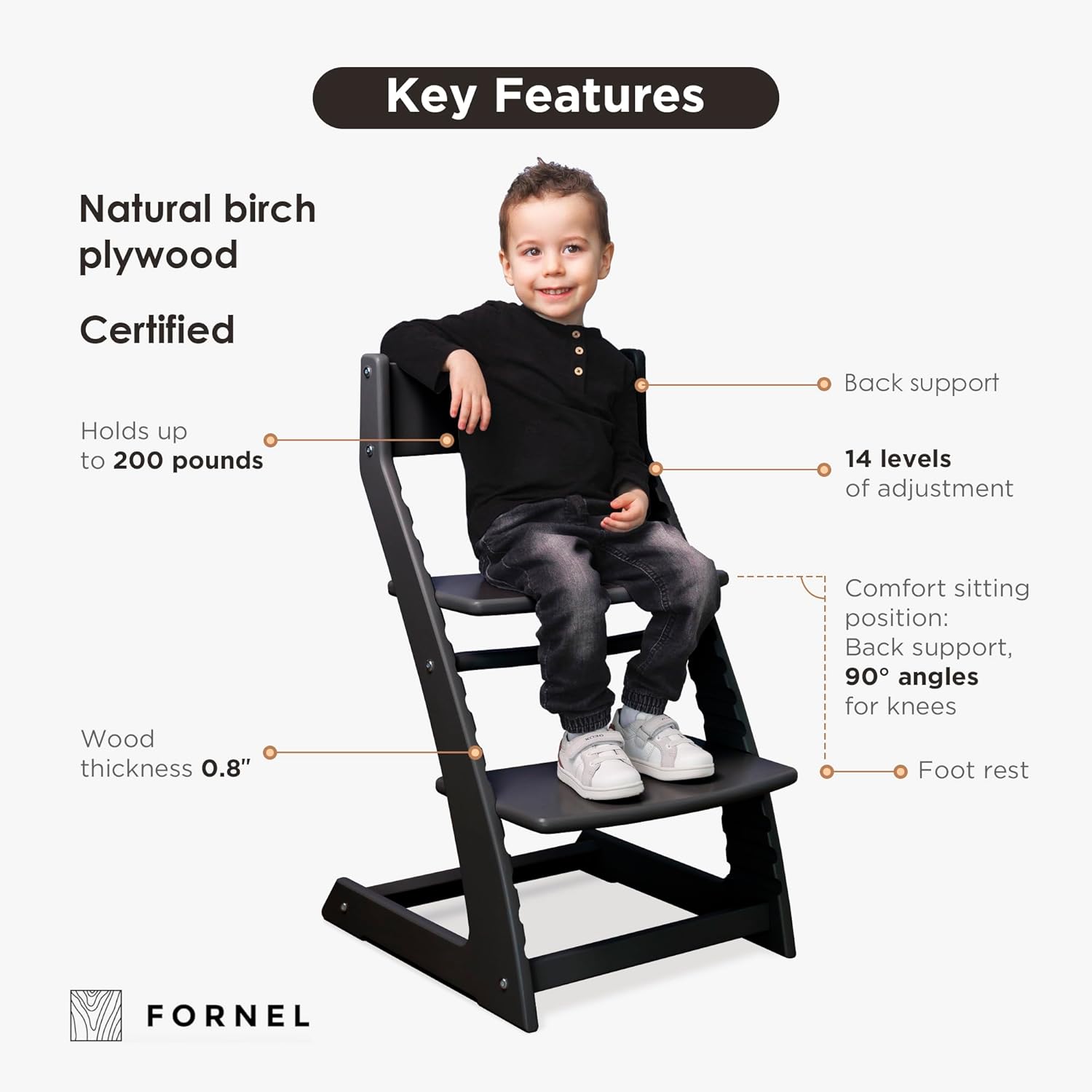 FORNEL Modern Black Wooden High Chair | The Adjustable Grow-with-Me Chair, A Sleek Alternative to Stokke | Perfect for Minimalist & Industrial Kitchens