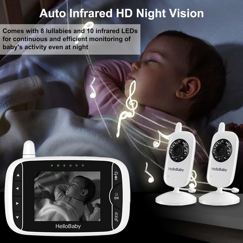 HelloBaby Baby Monitor with 2 Cameras, No WiFi, with Camera and Audio,Video, Night Vision 2-Way Audio, Fully Remote Pan & Tilt, 2X Zoom, ECO Mode, 8 Lullabies