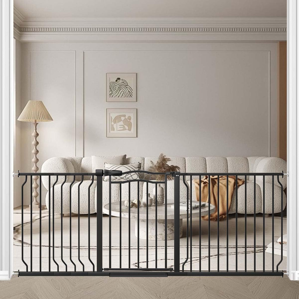 Fairy Baby 67.3"-81.1" Extra Wide Baby Gate for Stairs, Large Pet Dog Gate for Wide Openings, Pressure Mounted Safety Child Gate, Metal Auto Close Long Pet Gate for Doorways with Walk Thru Door, Black