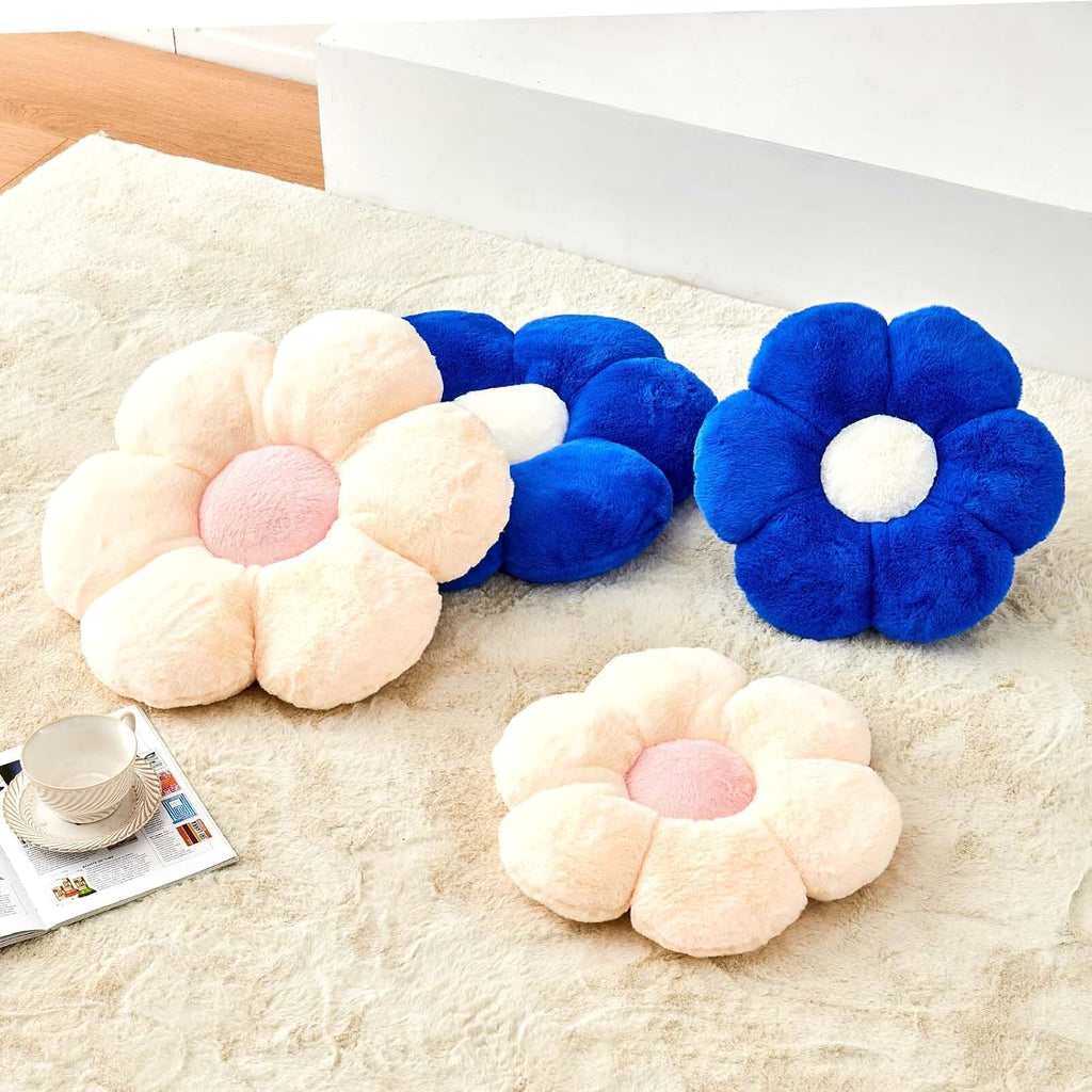 Royal Blue Flower Pillow, Cute Decorative Flower Shaped Throw Pillow with Faux Rabbit Fur, 14.9" Soft Flower Plush Throw Pillow Floor Pillows Room Décor for Bedroom Living Room