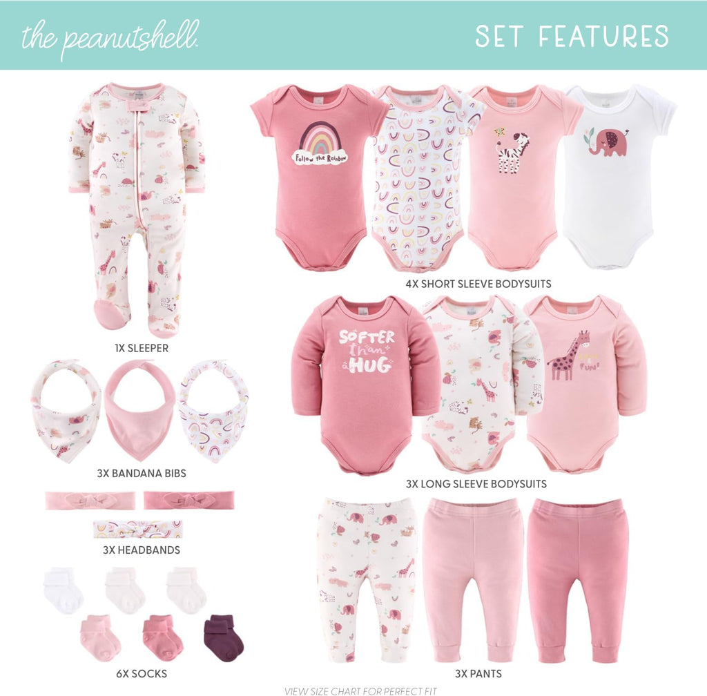 The Peanutshell Baby Layette Gift Set for Girls - 23 Piece Newborn Girl Gift Sets, Baby Clothes & Essentials - Rainbow Safari