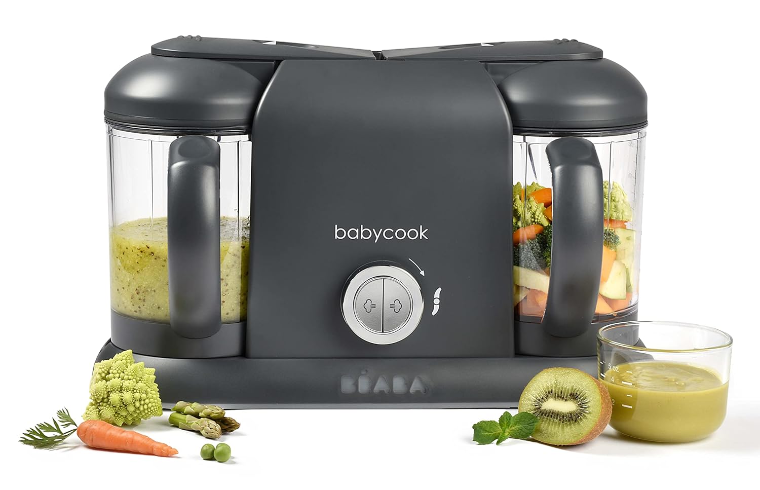 BEABA Babycook Duo 4 in 1 Baby Food Maker, Puree Steamer and Blender for Purees, Grinder with Auto Steam Cooking, Lrg 9.1 Cup Capacity, Makes 54 Servings in 20 Mins, Charcoal