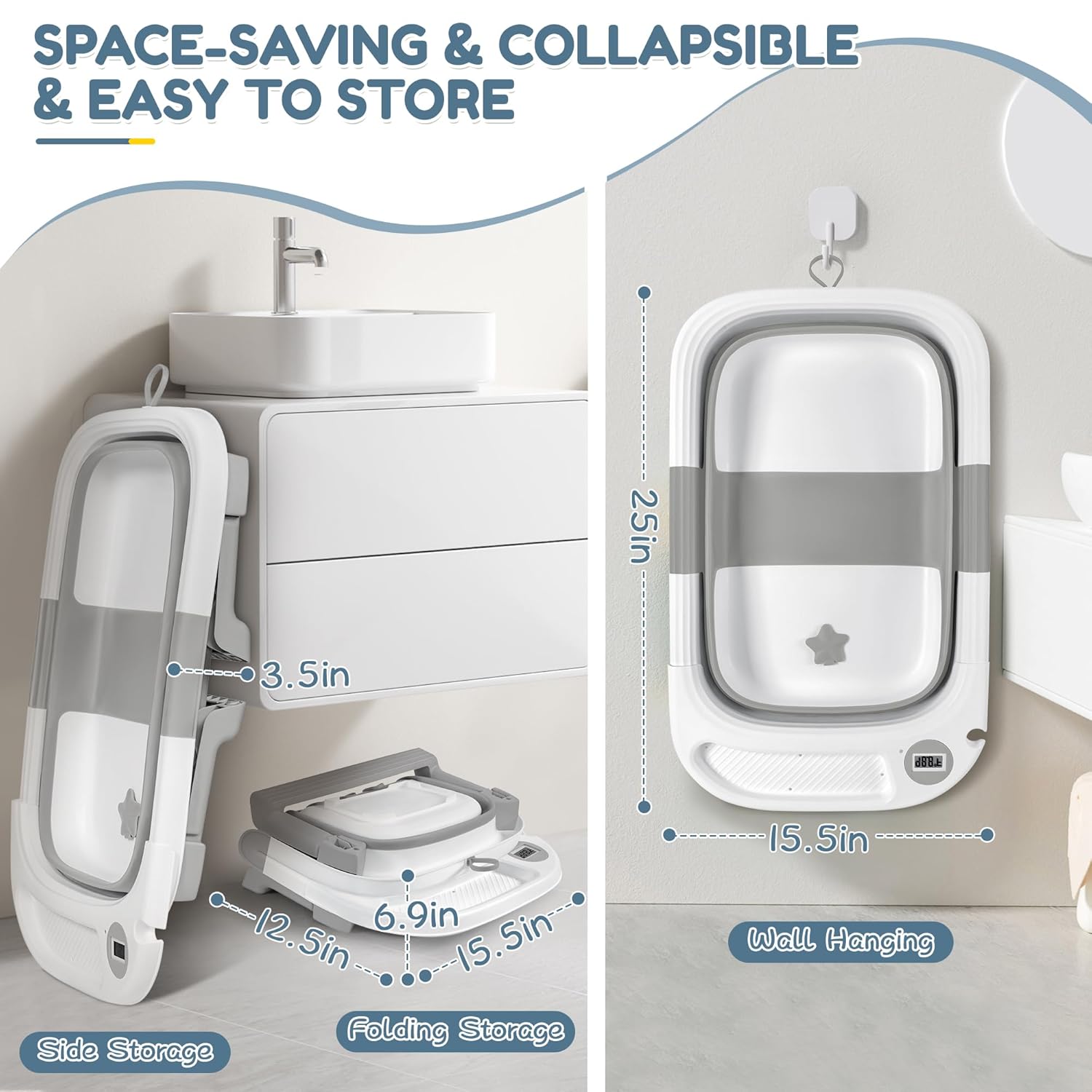 Collapsible Baby Bathtub,Baby Bath Tub with Thermometer & Soft Cushion,Baby Bathtub for Newborn to Toddler 0-36 Months,Portable Travel Baby Tub with No-Slip Feet,Baby Shower Gifts,Grey