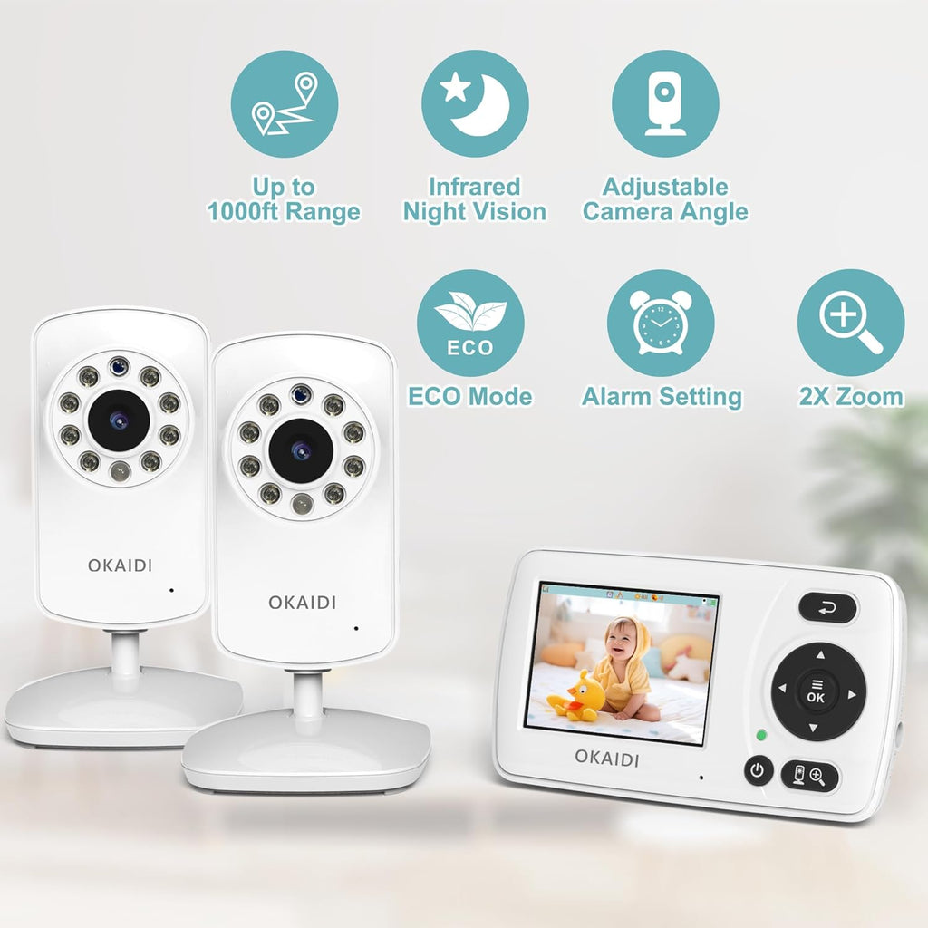 Video Baby Monitor with 2 Cameras, 2.4'' Portable Travel Screen, 1000ft Long Range Transmission, Baby Monitor No WiFi, Infrared Night Vision, VOX Mode