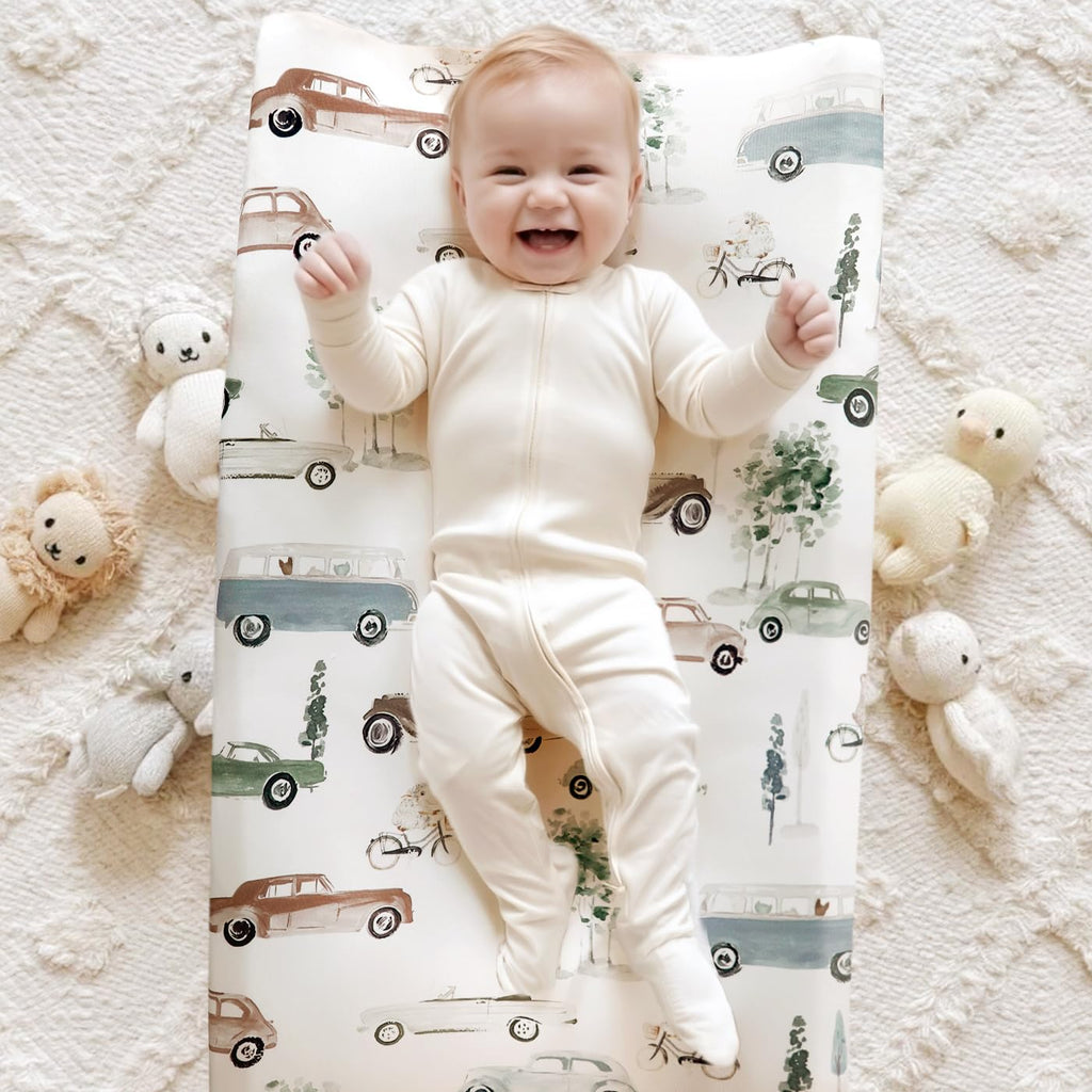 GRSSDER Stretch Ultra Soft Jersey Knit Changing Pad Cover Set 2 Pack, Change Table Pad Covers Fit 32"/34" x 16" Pads Safe and Snug, Pretty Diaper Changing Pad Covers of Cars Print