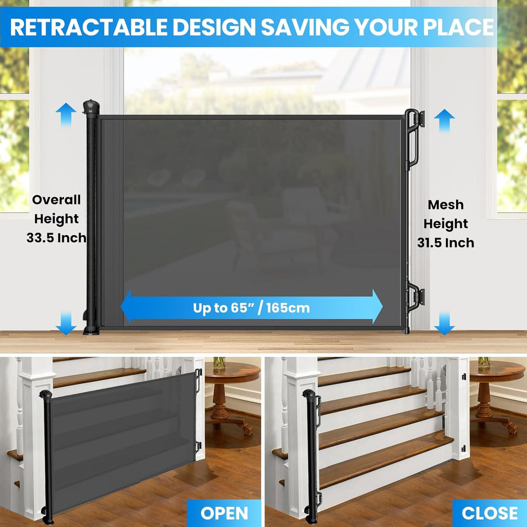 Retractable Safety Baby Gate or Mesh Dog Gate,Durable Portable Mesh Retractable Gate,Easy to Use for Stairs, Doorways, Hallways, Indoor, Outdoor, 33.5" Tall, Up to 65" Wide, Black