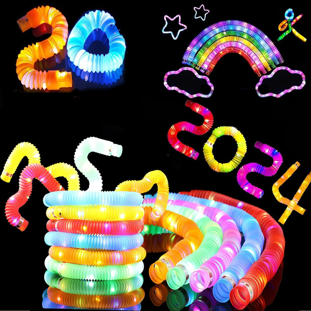 LED Light Up Pop Tubes Glow Sticks, Fidget Sensory Toys, Glow in The Dark Christmas Party Supplies Goodie Bag Stuffers for Boys Girls Birthday Party Carnival Return Gifts (20pcs)