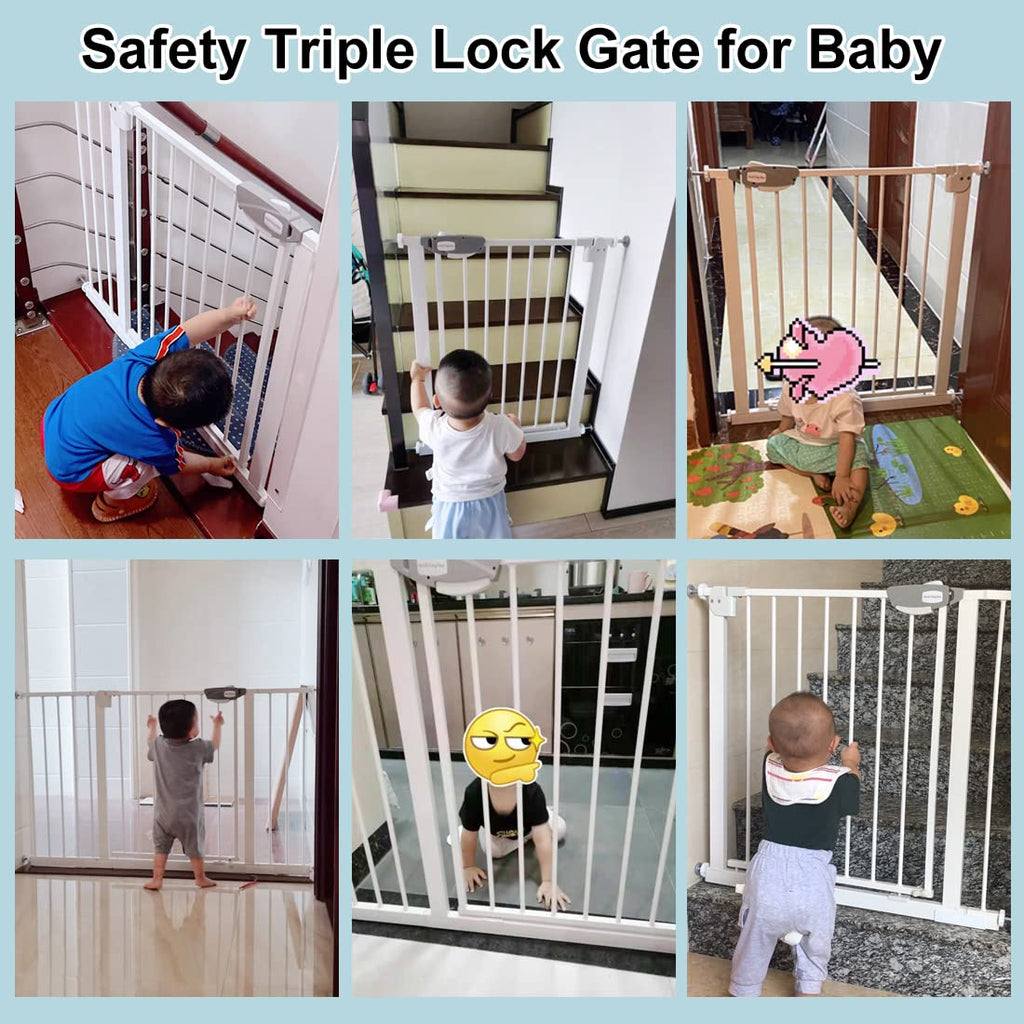 WAOWAO Triple Lock Baby Gate Extra Wide 31.1-35.04" Pressure Mounted Walk Through Swing Auto Close Safety Black Metal Dog Pet Puppy for Stairs,Doorways,Kitchen