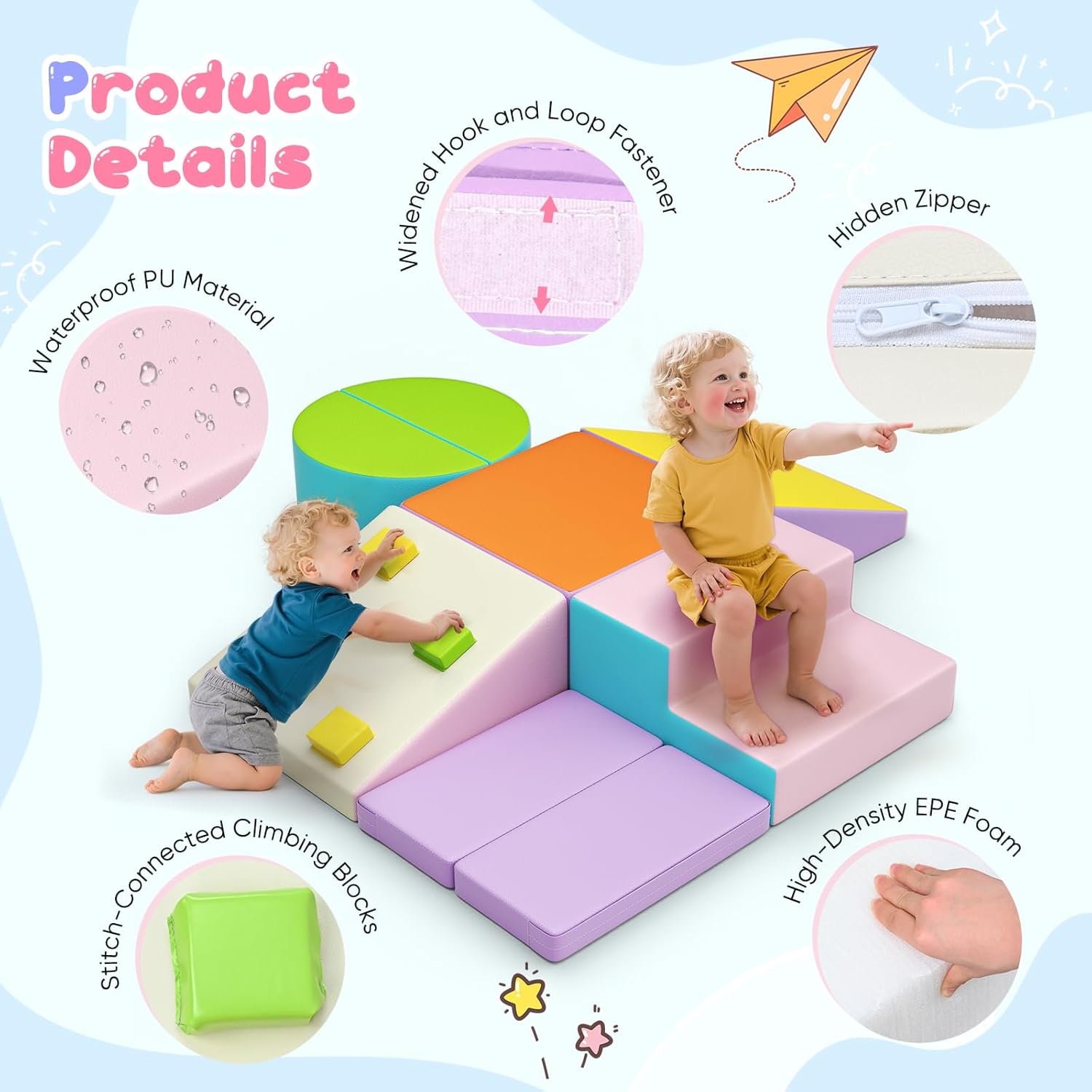 Lischwert Foam Climbing Blocks for Toddlers 1-3, 7pcs Soft Play Set with Crawling Exploration Toys, Indoor Outdoor Infant Safe Blocks for Baby Gym Toddler Playground