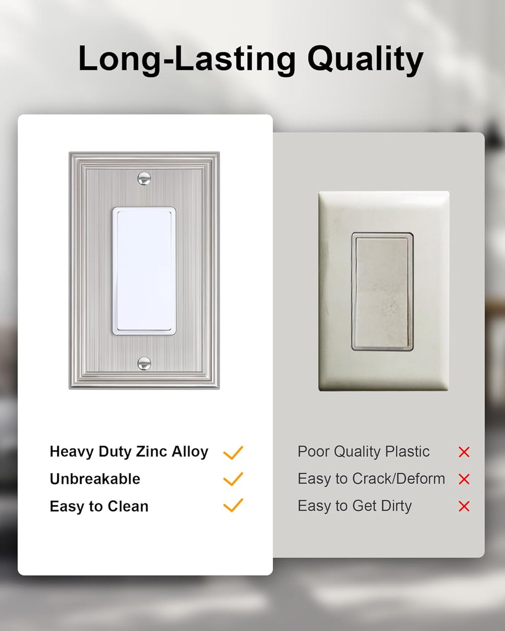 6-Pack Decorator Outlet Cover Plate, Brushed Nickel Decorative Switch Plates and Outlet Covers, Durable Zinc Alloy Wall Plates for Electrical Outlets, Receptacle, GFCI Outlet, Dimmer Switch