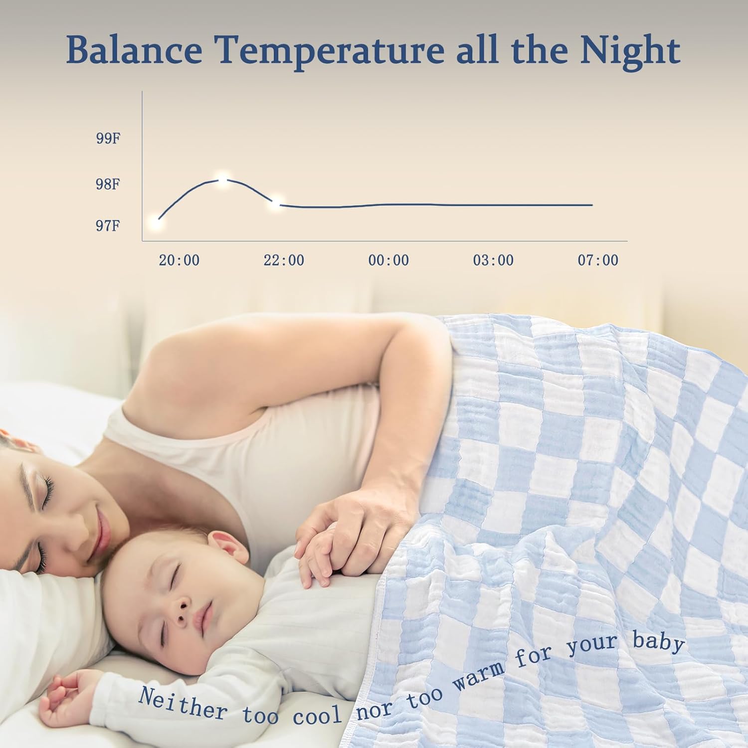 Muslin Baby Blankets for Boys Girls, 70% Cotton and 30% Rayon Blanket for Infant Toddler, Super Soft and Lightweight Blankets with Checkerboard Design Blue 43 x 43 Inches