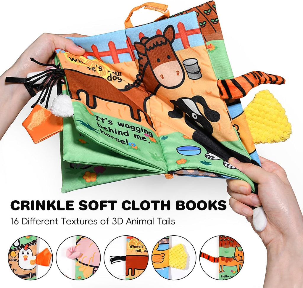 Jollybaby 2 PCS Sensory Touch and Feel Crinkle Books for Baby 0-6 Months, Jungle Farm Tails Montessori Car Set Toys for Tummy Time Newborn 6-12, Soft Fabric Cloth Books for Infant 1 Year Old Gift