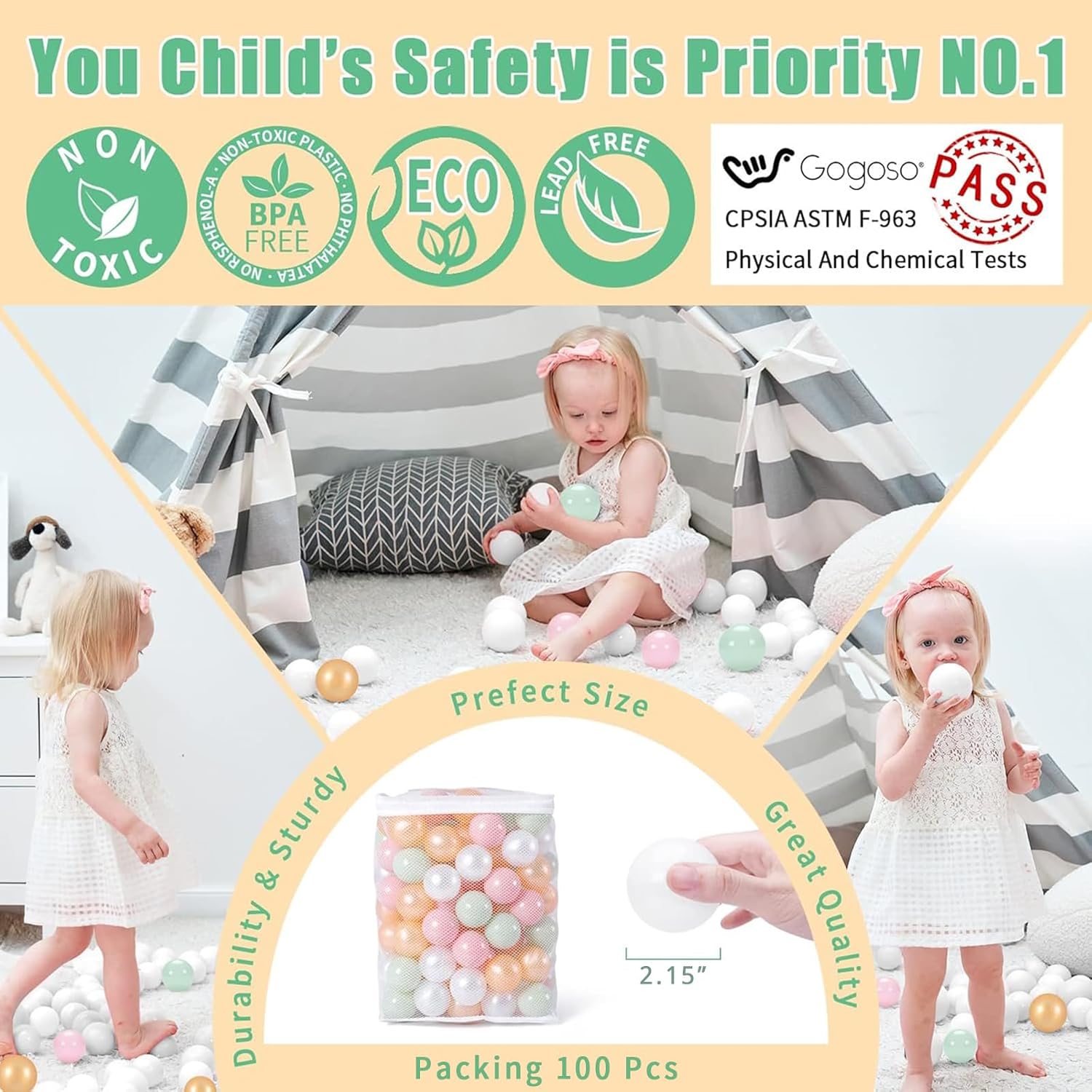 GOGOSO Ball Pits Balls for Toddlers Pack of 50 100 200 Plastics Shape Ball Non-Phthalate Non-BPA Non-Toxic 2.2-Inch Crush Proof Play Balls