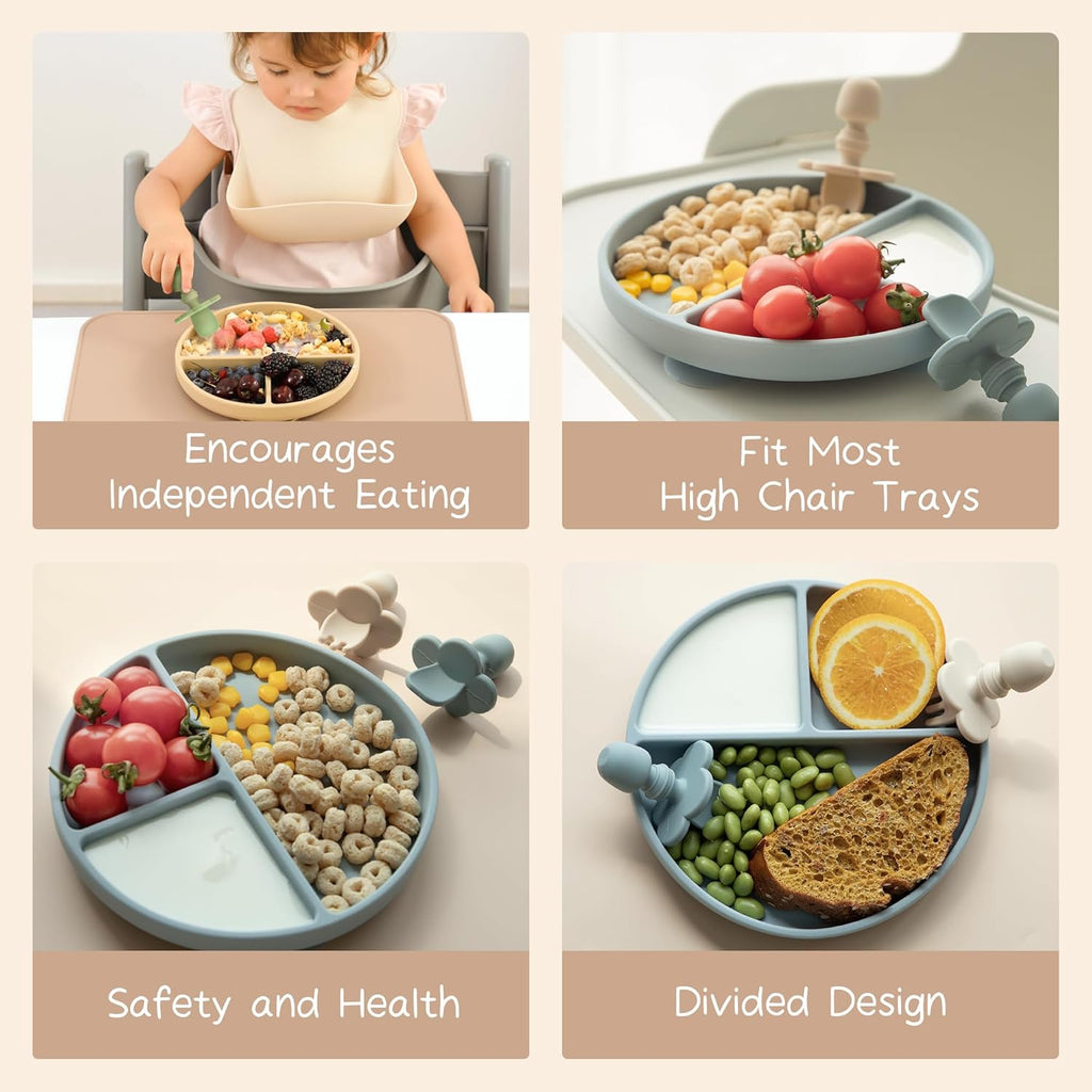 Moonkie Suction Plates for Baby | 100% Silicone BPA-Free Baby Plates with Lids and Food Cover | Divided Design | Microwave and Dishwasher Safe | Toddler Plates 2 Pack