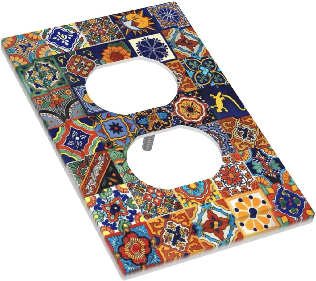 Talavera Mexican Tiles Traditional Color Decoration Print Outlet Covers 1 Gang Duplex Light Switch Cover Decorative Switch Plates Electrical Receptacle Faceplate Wall Plate for Kitchen Bathroom Decor