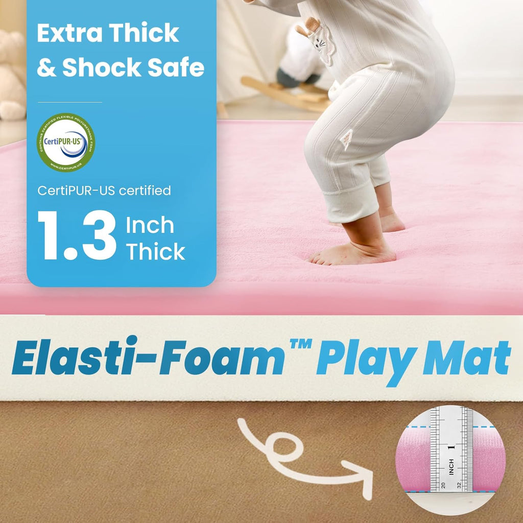 Ultra Soft Baby Play Mat,79"×79" Extra Large Activity Tummy Time Mat for Toddlers,Infants,Kids,1.3" Thick Elasti-Foam Nursery Rug for Floor,Non-Slip Safe for Crawling,Water-Repellent(Pink)