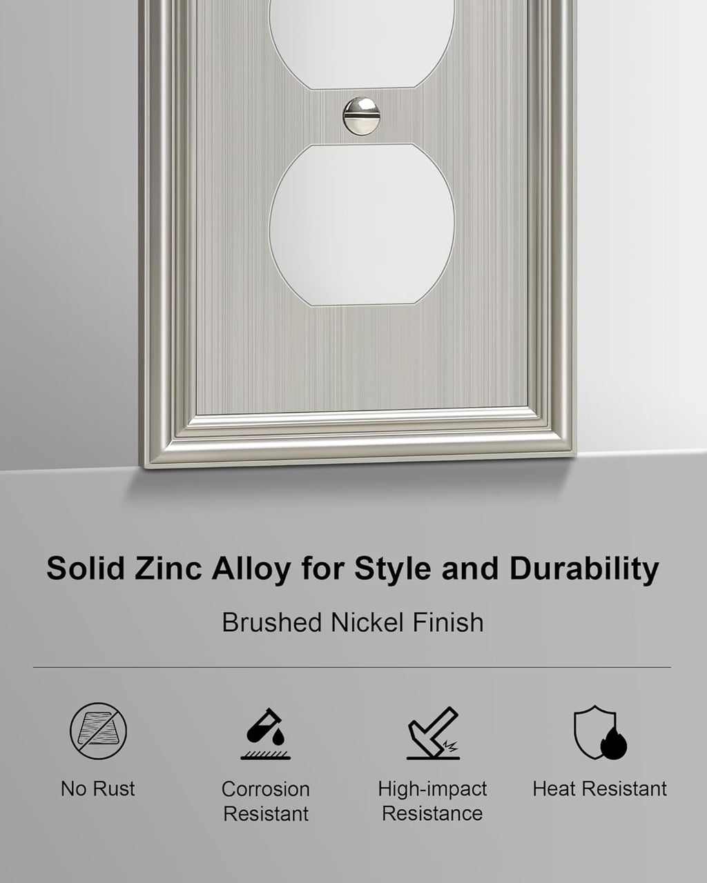 4-Pack Duplex Outlet Cover, Durable Solid Zinc Alloy Decorative Switch Plates and Outlet Covers, Brushed Nickel Wall Plates for Electrical Outlet, 1 Gang Receptacle Cover, Corrosion Resistant
