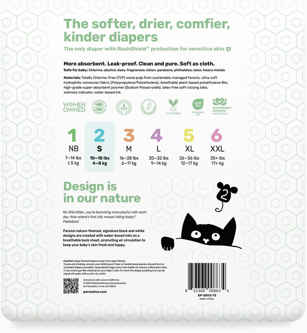 Parasol Clear+Dry Disposable Diapers, RashShield Protection and Leak-Control Fit, Hypoallergenic Diapers, Size 2 (10-18 lbs), 288 Count