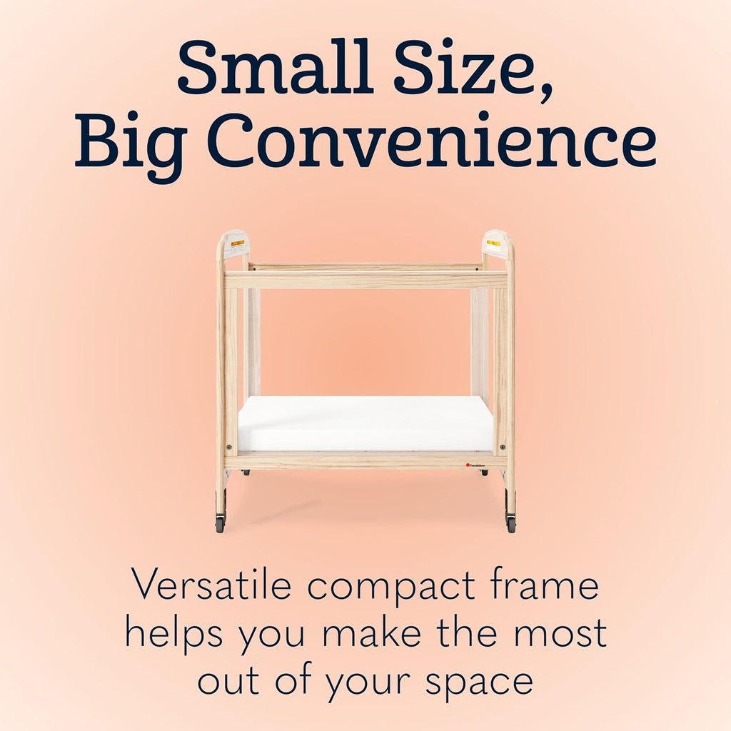 Foundations Serenity Compact Clearview Daycare Crib, Fixed Side, Durable Wood Construction, Non-Marking Casters (2 Locking), Includes 3” InfaPure Foam Mattress (Natural)