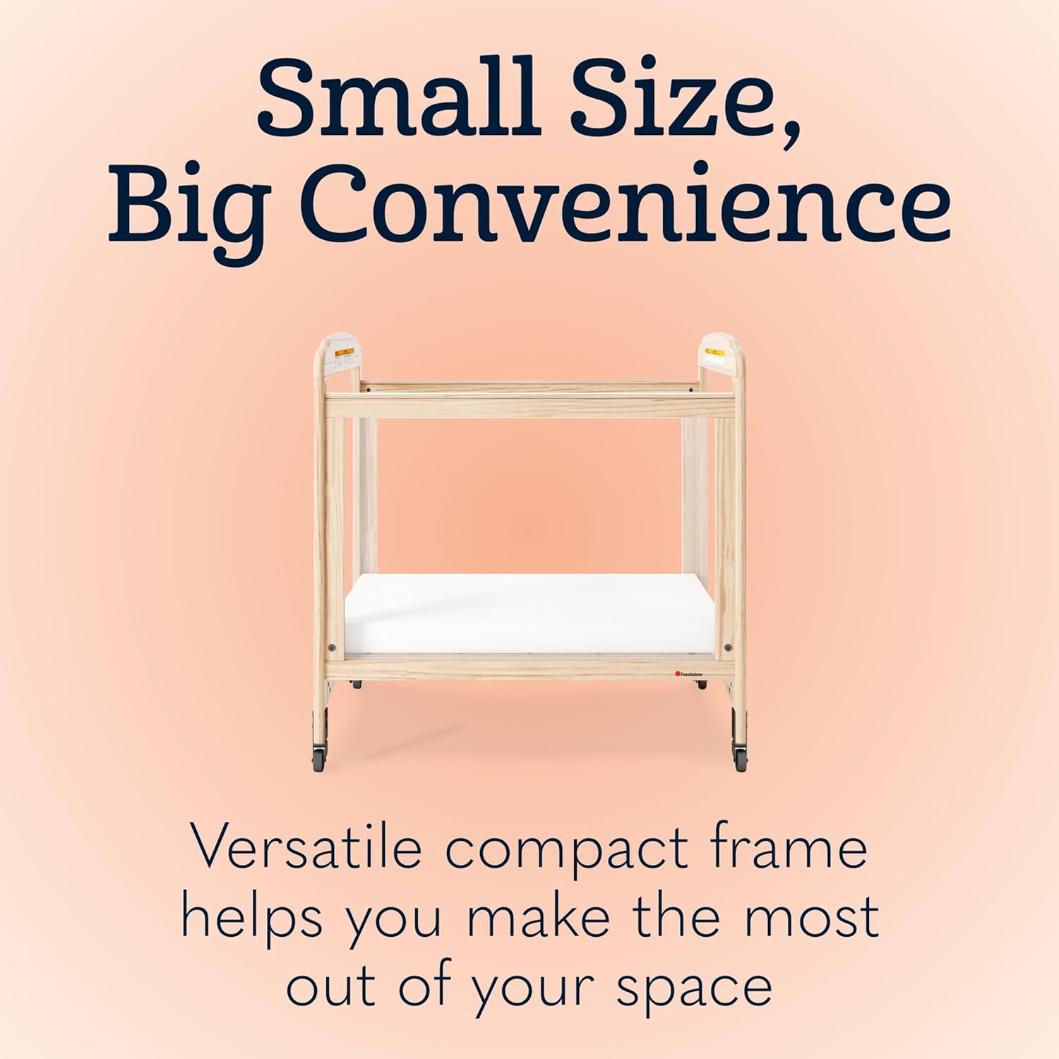 Foundations Serenity Compact Clearview Daycare Crib, Fixed Side, Durable Wood Construction, Non-Marking Casters (2 Locking), Includes 3” InfaPure Foam Mattress (Natural)